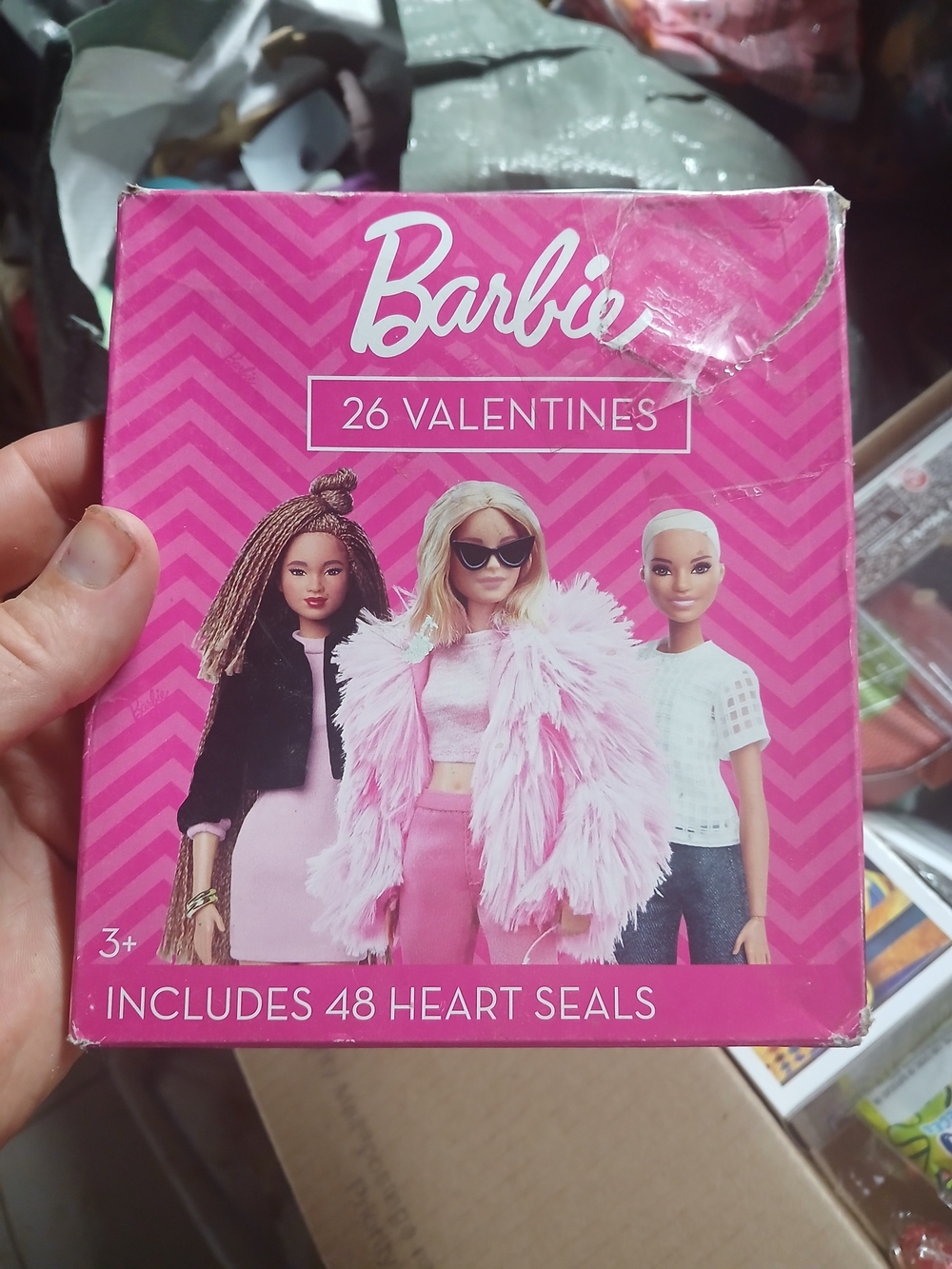 Barbie Valentine card box that includes 26 valentine cards and 48 heart seals.